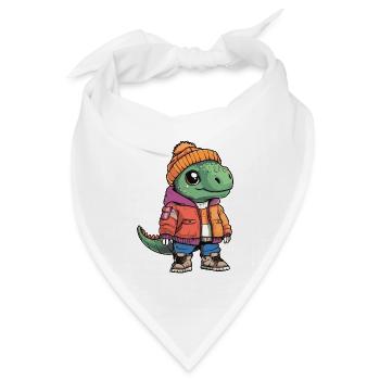 Dinosaurier mit orangefarbener Winterjacke - Bandana Dreieckstuch - Weiß - Vorne