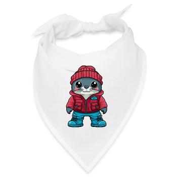 Robbe mit Winterjacke und roter Mütze - Bandana Dreieckstuch - Weiß - Vorne