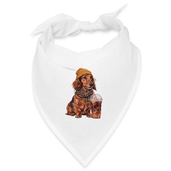 Langhaardackel mit Leo-Schal und Eiskaffee - Bandana Dreieckstuch - Weiß - Vorne