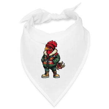 Hahn mit grüner Winterjacke und roter Mütze - Bandana Dreieckstuch - Weiß - Vorne