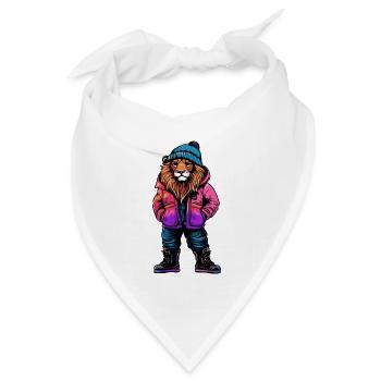 Löwe mit pinker Winterjacke und blauer Mütze - Bandana Dreieckstuch - Weiß - Vorne