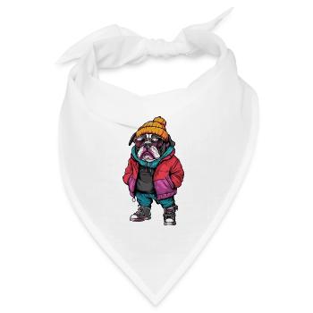 Bulldogge mit Winterjacke und Sonnenbrille - Bandana Dreieckstuch - Weiß - Vorne