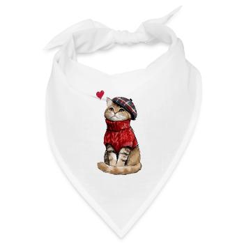 Süße Katze mit Baskenmütze und Strickpullover - Bandana Dreieckstuch - Weiß - Vorne