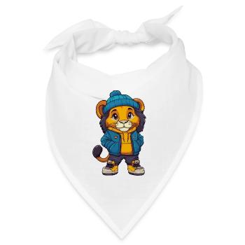 Löwe mit blauer Winterjacke und Mütze - Bandana Dreieckstuch - Weiß - Vorne