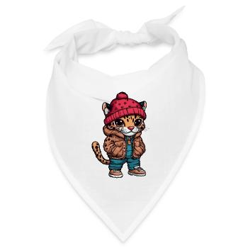 Leopard mit Winterjacke und Mütze - Bandana Dreieckstuch - Weiß - Vorne
