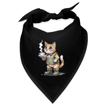 Katze im Tweed-Anzug mit Dampfender Tasse - Bandana Dreieckstuch - Schwarz - Vorne