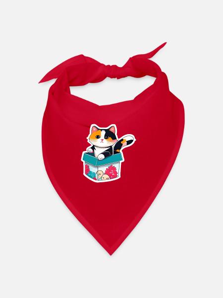 Eine orangefarbene Katze in einer Kiste, mit ihrem Fell - Bandana - Rot - Vorne