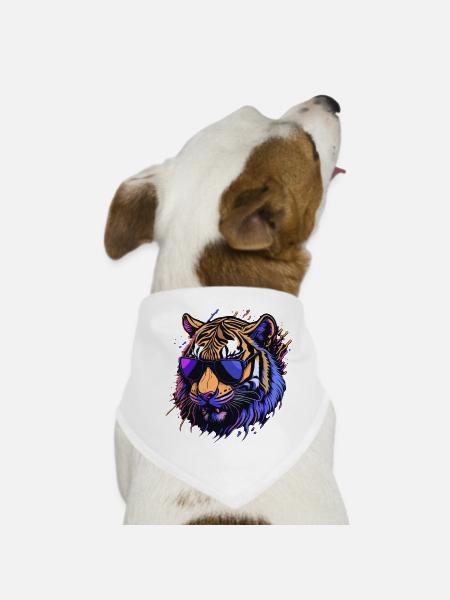 Cooler Retro-Tigerkopf - Hunde-Bandana - Weiß - Vorne