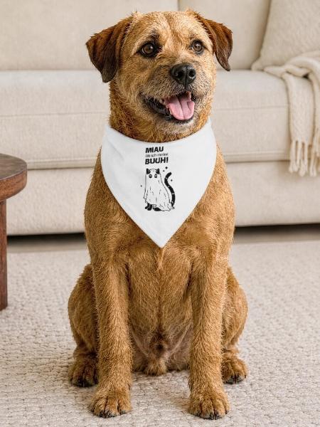 Miau äh ich meine Buuh! - Katze Gespenst Halloween - Hunde-Bandana Dreieckstuch - Weiß - Vorne