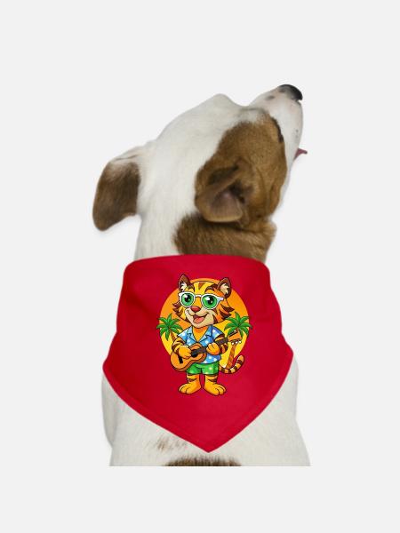 Lustige Tiger Cartoon Sommer Strand Sonnenbrille Gitarre - Hunde-Bandana - Rot - Vorne