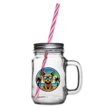 Australian Silky Terrier Dog Breed Cartoon Beach - Glass jar with handle and screw cap - clear - Right
