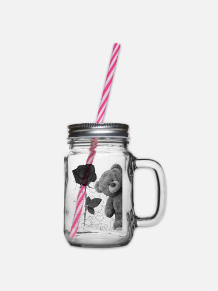 Teddybär mit Rose - Henkelglas mit Schraubdeckel - Klar
