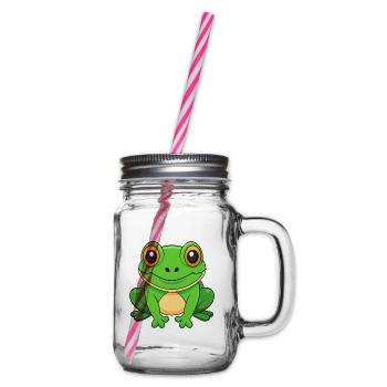 Frog Cute Mascot Cartoon Character Kawaii - Glass jar with handle and screw cap - clear - Right