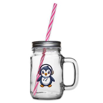 Pinguin Lustige Zeichentrickfigur Kopfhörermusik - Henkelglas mit Schraubdeckel - Klar - Rechts