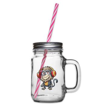 Baboon Funny Cartoon Character Headphone Music - Glass jar with handle and screw cap - clear - Right