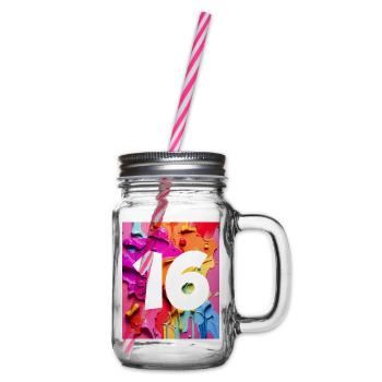 NO. 16 NUMBER 16 COLORFUL 16TH BIRTHDAY - Glass jar with handle and screw cap - clear - Right
