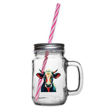 Cow Cartoon Character Colorful Pet Animal - Glass jar with handle and screw cap - clear - Right