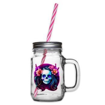 Mystical Skull Lady with Flowers – Gothic Neon - Glass jar with handle and screw cap - clear - Right