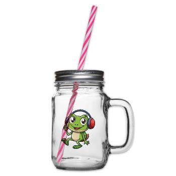 Frog Funny Cartoon Character Headphone Music - Glass jar with handle and screw cap - clear - Right