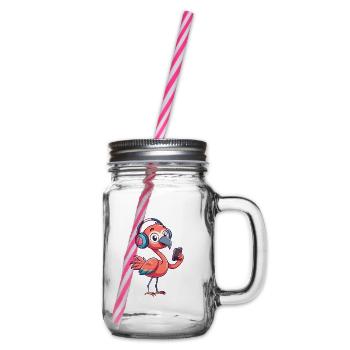 Flamingo Lustige Zeichentrickfigur Kopfhörer Musik - Henkelglas mit Schraubdeckel - Klar - Rechts