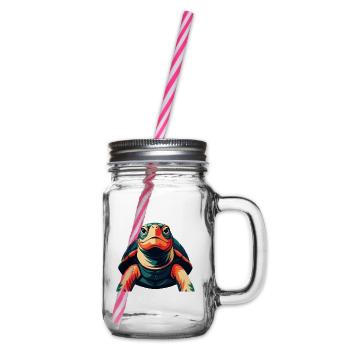 Turtle Cartoon Character Colorful Pet Animal - Glass jar with handle and screw cap - clear - Right