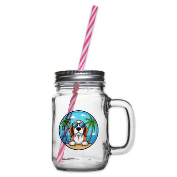 Basset Bleu De Gascogne Hunderasse Cartoon Beach - Henkelglas mit Schraubdeckel - Klar - Rechts