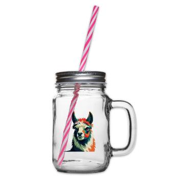Llama Cartoon Character Colorful Pet Animal - Glass jar with handle and screw cap - clear - Right
