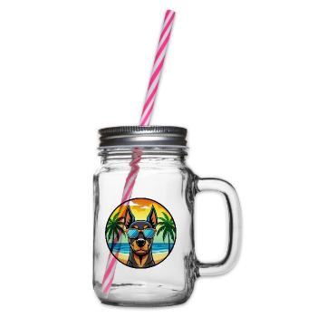 Doberman Pinscher Dog Breed Cartoon Sunglass Beach - Glass jar with handle and screw cap - clear - Right