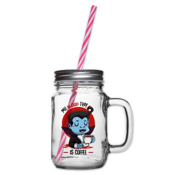 Blood Coffee Vampire Cartoon - Glass jar with handle and screw cap - clear - Right