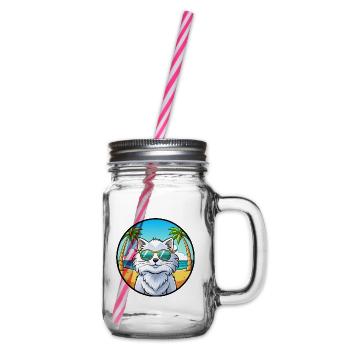 Weiße Langhaarkatze Persische Katzenrasse Cartoon Strand - Henkelglas mit Schraubdeckel - Klar - Rechts