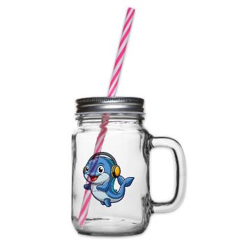 Whale Funny Cartoon Character Headphone Music - Glass jar with handle and screw cap - clear - Right