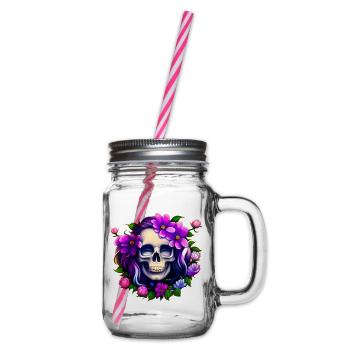 Gothic Skull Lady mit Blumen Mystisches Totenkopf - Henkelglas mit Schraubdeckel - Klar - Rechts