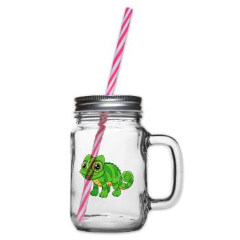 Chameleon Cute Mascot Cartoon Character Kawaii - Glass jar with handle and screw cap - clear - Right
