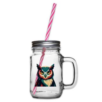 Owl Cartoon Character Colorful Pet Animal - Glass jar with handle and screw cap - clear - Right