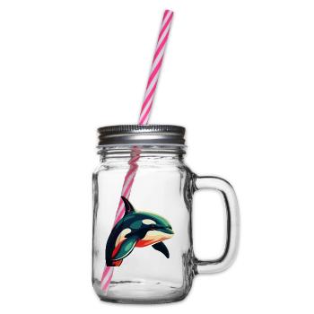 Orca Cartoon Character Colorful Pet Animal - Glass jar with handle and screw cap - clear - Right