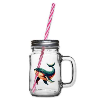 Whale Cartoon Character Colorful Pet Animal - Glass jar with handle and screw cap - clear - Right