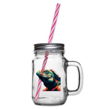 Iguana Cartoon Character Colorful Pet Animal - Glass jar with handle and screw cap - clear - Right