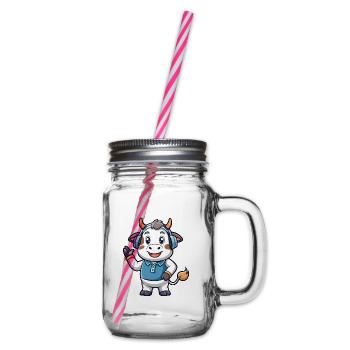 Cow Funny Cartoon Character Headphone Music - Glass jar with handle and screw cap - clear - Right