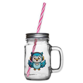 Owl Funny Cartoon Character Headphone Music - Glass jar with handle and screw cap - clear - Right