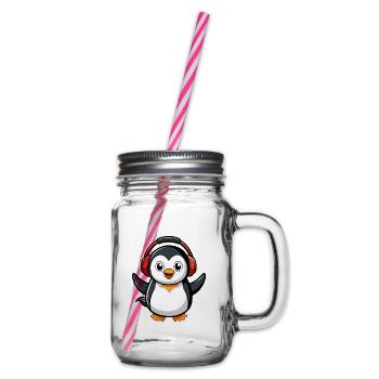 Pinguin Lustige Zeichentrickfigur Kopfhörermusik - Henkelglas mit Schraubdeckel - Klar - Rechts