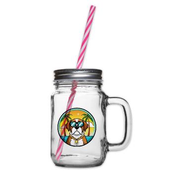 Bernhardiner Hunderasse Cartoon Sonnenbrille Strand - Henkelglas mit Schraubdeckel - Klar - Rechts