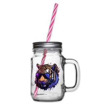 Retro cool tiger head - Glass jar with handle and screw cap - clear - Right
