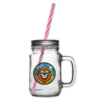 Löwe Lustige Cartoon Sommer Strand Sonnenbrille Aufkleber - Henkelglas mit Schraubdeckel - Klar - Rechts