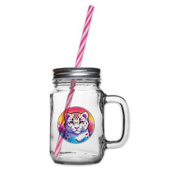 Schneeleopard Katze Bunte Karikatur Aquarell Illus - Henkelglas mit Schraubdeckel - Klar - Rechts