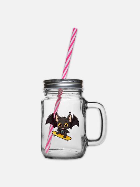 Lustige Fledermaus Kawaii Cartoon Haustier spielt Skateboard - Henkelglas mit Schraubdeckel - Klar