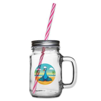 Pfauenkarikatur Yoga Strand Sommer Illustration - Henkelglas mit Schraubdeckel - Klar - Rechts