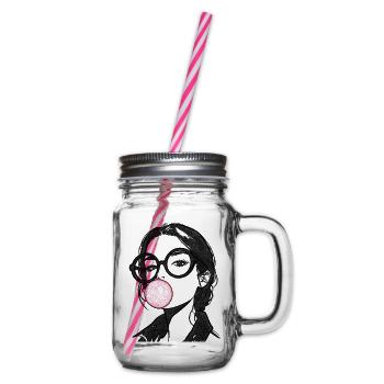 Frau mit Kaugummi Stickerei rosa und schwarz  - Henkelglas mit Schraubdeckel - Klar - Rechts