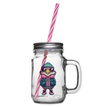Eule mit Winterjacke und Sonnenbrille - Henkelglas mit Schraubdeckel - Klar - Rechts