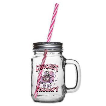 Gemütlicher Skelett häkelt im rosa Sessel - Henkelglas mit Schraubdeckel - Klar - Rechts