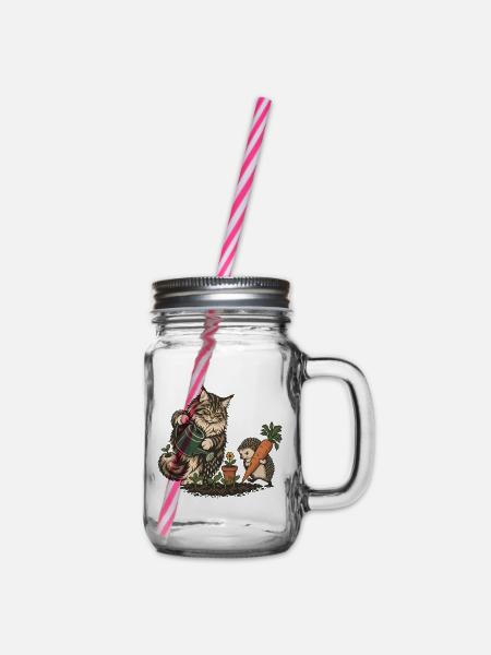 Maine Coon und Igel beim Gärtnern - Henkelglas mit Schraubdeckel - Klar